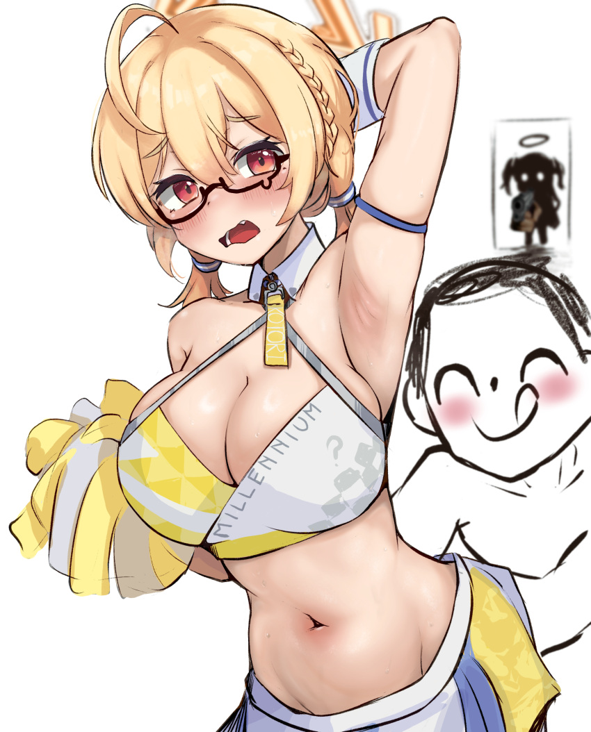 1boy 1girls 2023 arm_up armpits blonde_hair blonde_hair blue_archive blush bra cheerleader cheerleader_uniform glasses gun hi_res kotori_(blue_archive) light-skinned_female light_skin meepy741_(artist) red_eyes sensei_(blue_archive) simple_background standing