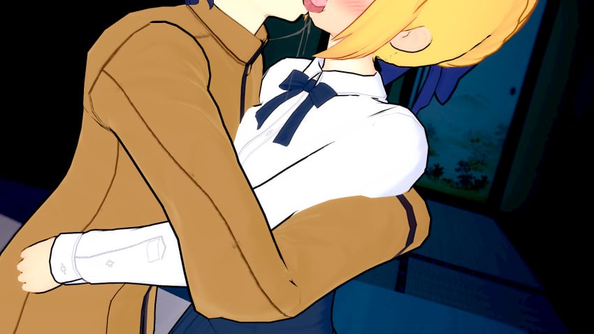 3d artoria_pendragon artoria_pendragon_(fate) blonde_hair cuckold fate/stay_night fate_(series) french_kiss green_eyes kissing koikatsu lordem matou_shinji netorare saber saliva_trail