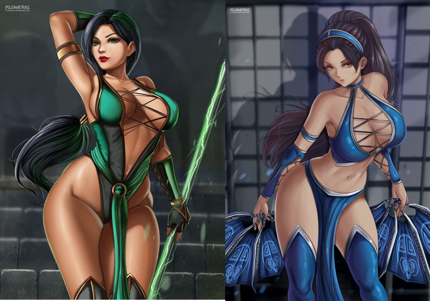 2girls athletic_female big_breasts black_hair brown_eyes cleavage female_abs female_only fit_female flowerxl green_eyes jade_(mk9) jade_(mortal_kombat) kitana kitana_(mk9) midway_games mortal_kombat mortal_kombat_(2011) pin_up