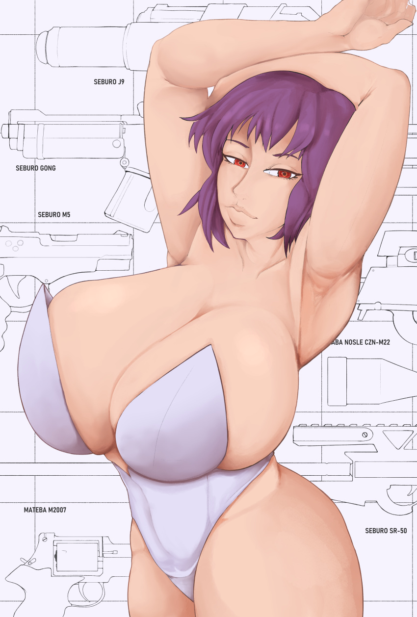 1girls breasts cleavage cyborg female ghost_in_the_shell kusanagi_motoko large_breasts leotard light-skinned_female light_skin medium_hair purple_hair short_hair smoxul solo white_leotard