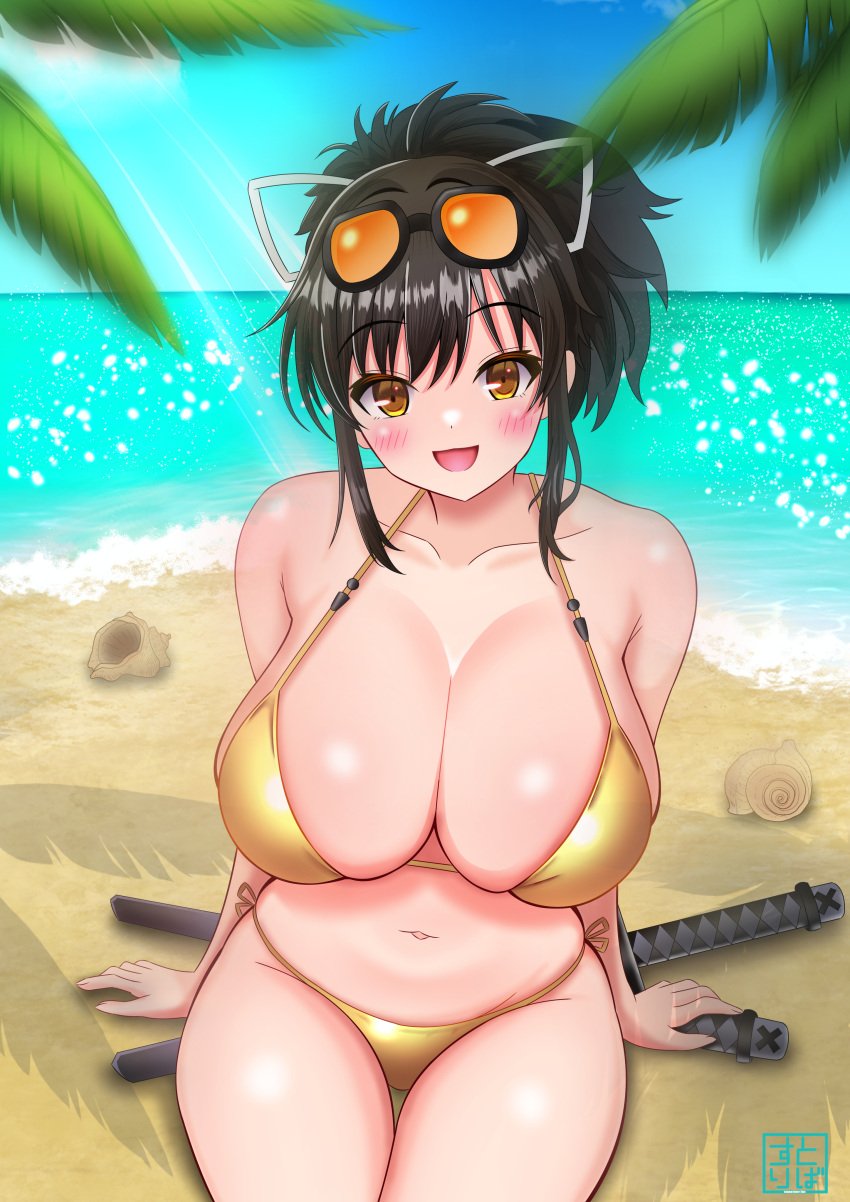 1girls 2023 asuka_(senran_kagura) azur_lane beach big_breasts bikini blue_sky blush breasts cleavage crossover dark_hair eyewear_on_head golden_bikini hair_tie happy highres huge_breasts looking_at_viewer marvelous official_alternate_costume outdoors ponytail senran_kagura sheathed_weapon sitting solo stoneriver swimsuit sword wakizashi weapon yellow_eyes