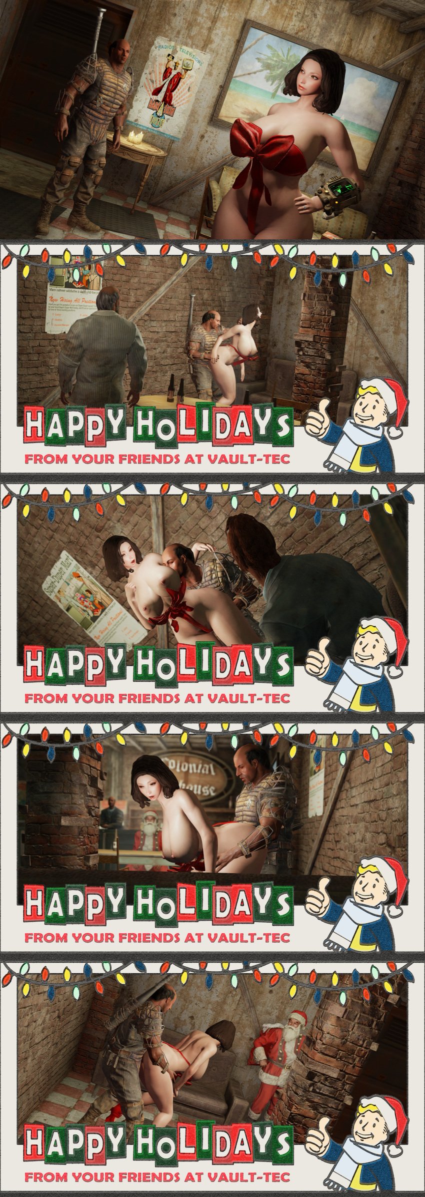 3d bethesda_softworks breasts_out emotrashcan fallout instant_loss rape ribbon ribboned_body santa_claus santa_claus_(cosplay) screenshot standing_doggy_style straight vault_dweller