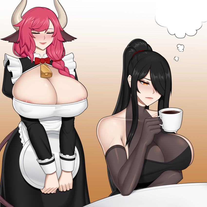 akane_(kinfrb) big_breasts black_hair cow_ears cow_girl cow_tail cowbell eyeshadow gradient_background horns kinfrb maid_uniform orange_eyes pink_hair ponytail