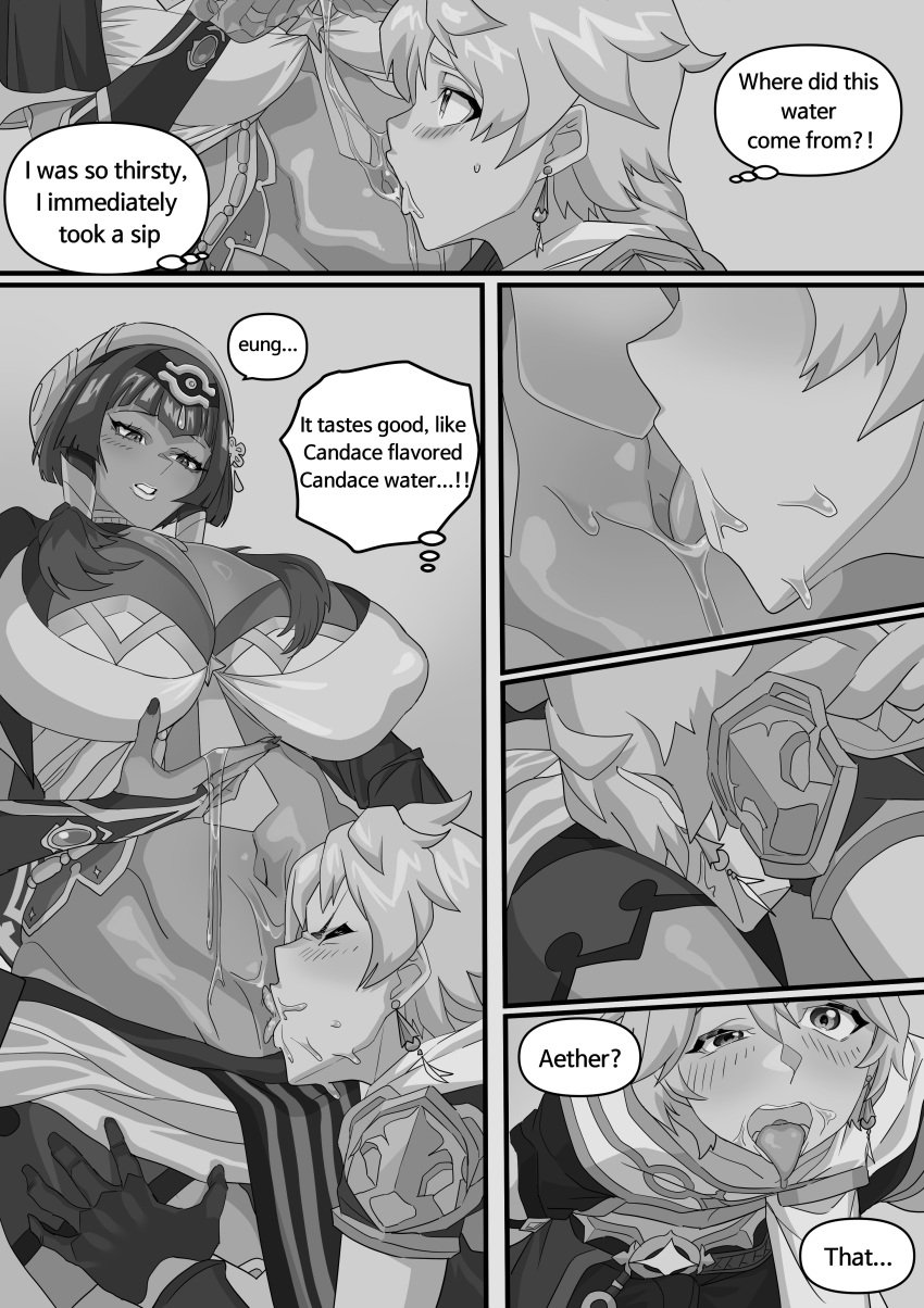 1boy 1girls aether_(genshin_impact) big_breasts black_and_white candace_(genshin_impact) comic_page dark-skinned_female dialogue drawing genshin_impact imminent_sex interracial licking_body licking_navel mihoyo navel navel_fetish straight text