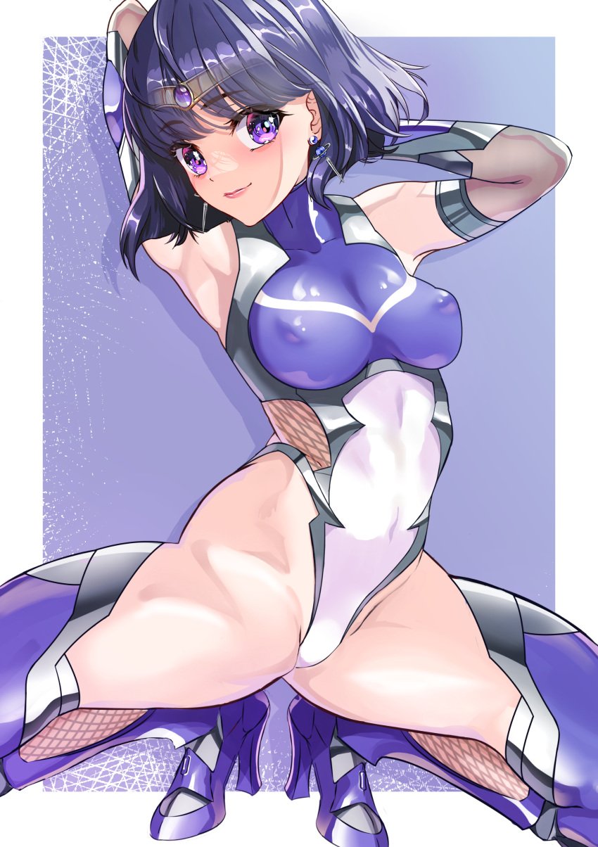 absurdres arion_canvas armpits arms_behind_head bishoujo_senshi_sailor_moon black_hair bow breasts circlet clothing covered_nipples earrings elbow_gloves female gem gloves high_heels highleg highleg_leotard highres hotaru_tomoe jewelry leotard purple_eyes purple_gemstone purple_hair purple_leotard purple_thighhighs revision sailor_saturn short_hair small_breasts solo split spread_legs stockings stud_earrings taimanin_(series) taimanin_suit thighhighs