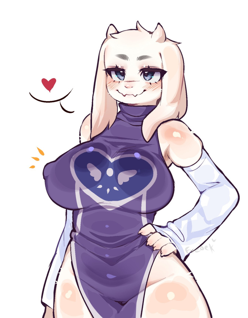 anthro big_breasts boss_monster bovid breasts caprine clothed clothing female fredek666 fur goat hand_on_hip heart hi_res horn mammal mature_female milf nipple_outline partially_clothed purple_clothing smile solo toriel undertale undertale_(series) white_body white_fur