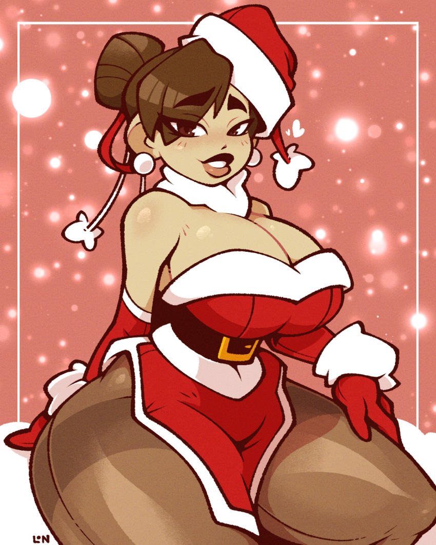 1girls 2023 big_breasts blush breasts brown_eyes brown_hair capcom christmas chun-li female female_only fully_clothed heart hips holidays legendofnerd lipstick looking_at_viewer santa_costume santa_hat smile smiling smiling_at_viewer solo solo_female street_fighter thick_thighs thighs thunder_thighs wide_hips