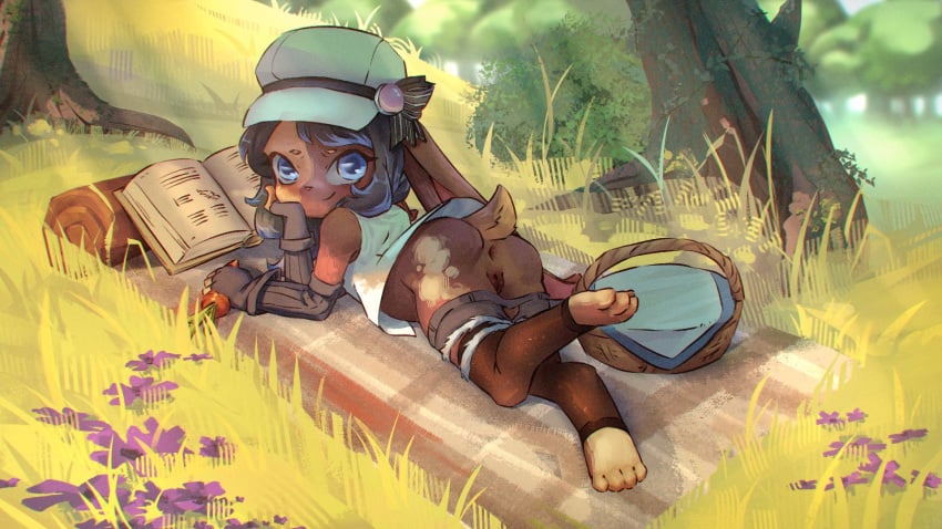 1girls anthro anus ass basket black_hair book brown_body brown_fur carrot clothed clothing clothing_around_legs clothing_down container domestic_rabbit english_lop feet female floppy_ears flower food fur genitals gloves grass hair handwear hat headgear headwear hi_res lagomorph leggings legwear leporid looking_at_viewer lop_rabbit lying mammal on_front oryctolagus outdoors outside picnic picnic_basket picnic_blanket plant pussy rabbit rin_rinnet smile solo tail tea_patriarch vegetable