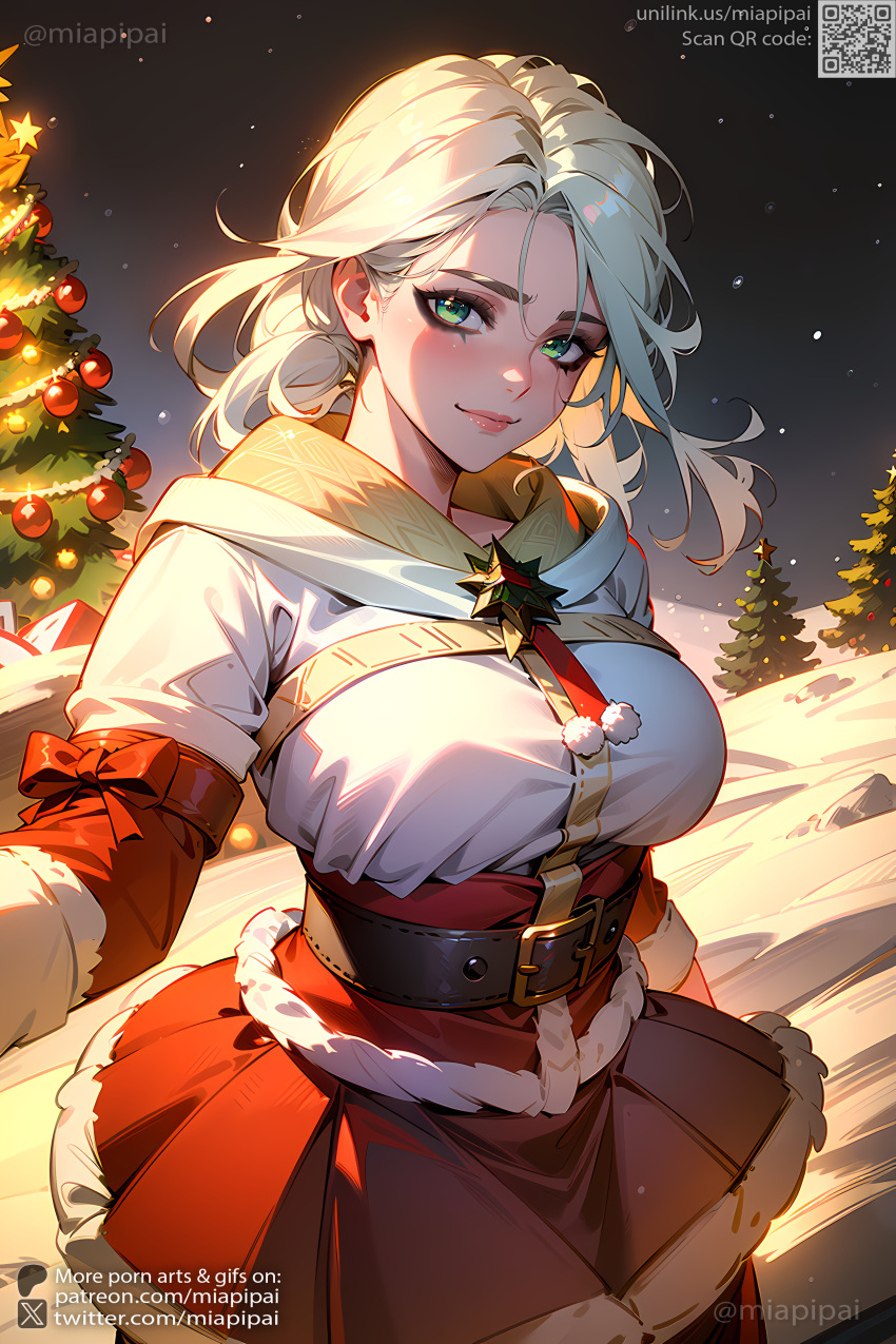 1girls 2023 absurdres ai-assisted ai_generated artist_name bangs belt belt_buckle big_breasts blonde_hair blush breasts buckle busty christmas christmas_ornaments christmas_outfit christmas_tree ciri ciri_(the_witcher_3) closed_mouth corset cowboy_shot embarrassed eyelashes female female_focus floating_hair forehead fur-trimmed_dress fur-trimmed_sleeves fur_trim game green_eyes hi_res hips holly jewelry large_breasts light_smile lips long_hair long_sleeves looking_at_viewer medium_breasts medium_hair merry_christmas miapipai miniskirt night night_sky one_girl outdoors patreon patreon_username pine_tree pink_lips red_dress red_ribbon red_skirt ribbon santa_costume scar scar_on_face self_upload sensual shirt signature skirt sky smile snow snowing solo stable_diffusion standing star_(sky) star_(symbol) sweaty the_witcher_(series) the_witcher_3:_wild_hunt tree twitter twitter_username video_game video_game_character video_games watermark web_address white_hair wind winter winter_clothes