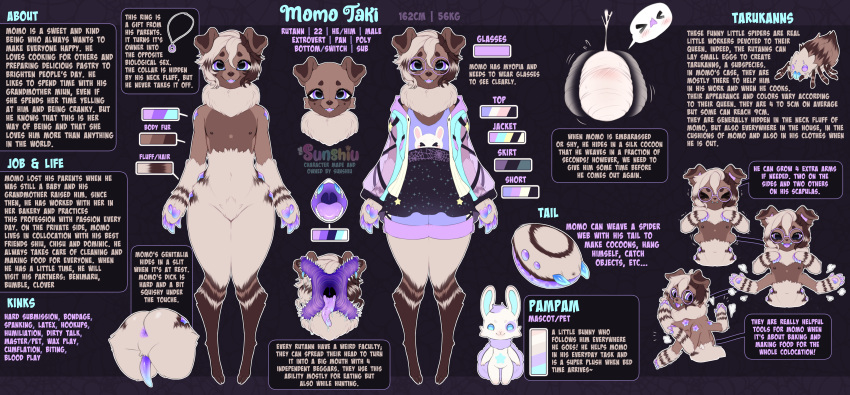 absurd_res anthro arachnid arthropod brown_body brown_fur brown_hair canid canine canis clothed clothed/nude clothing domestic_dog fan_character fur girly hair hi_res male male_only mammal model_sheet momo_(sunshiu) nude poodle purple_eyes rutann_species spider spider_web sunshiu