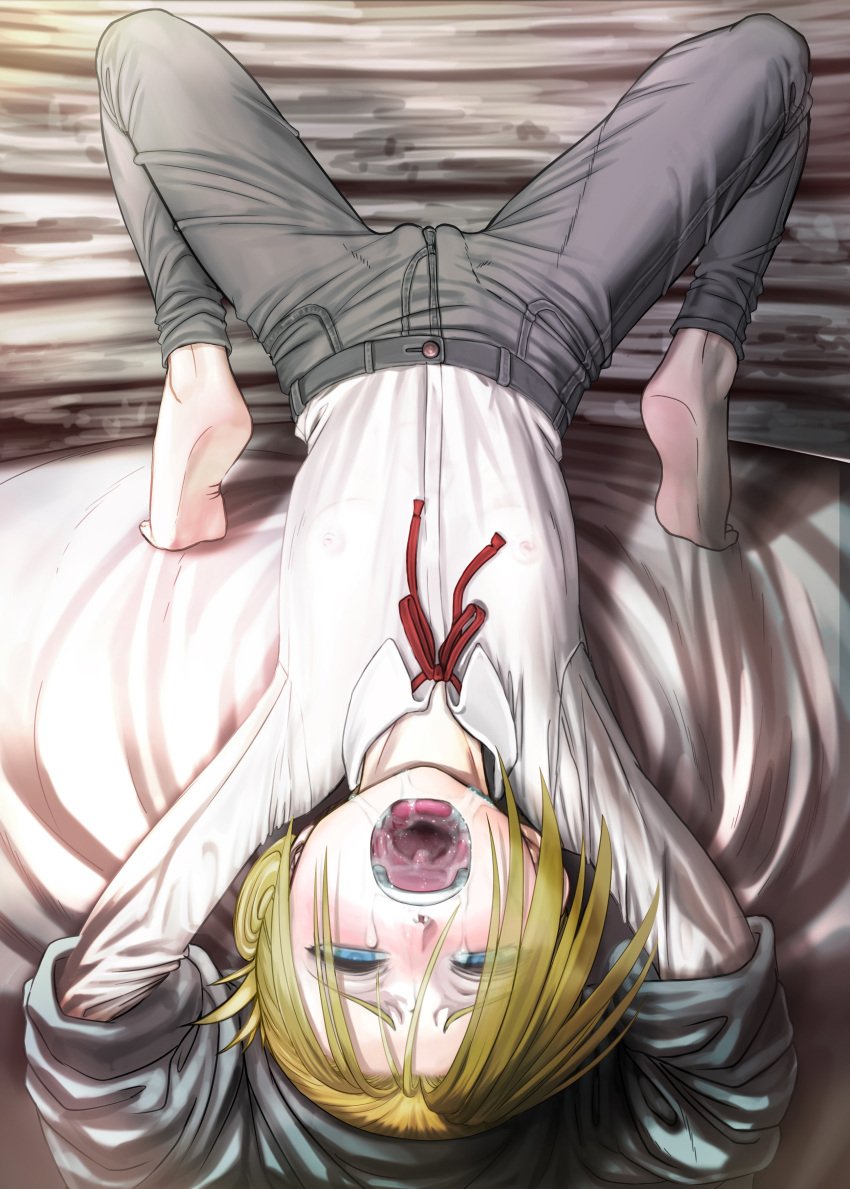 1girls absurdres after_deepthroat after_oral annie_leonhardt arched_back attack_on_titan bed bed_sheet blonde_hair blue_eyes breasts closed_mouth clothes cum cum_in_mouth deepthroat female female_focus half-closed_eyes highres indoors lying on_bed oral pale-skinned_female pants red_ribbon ribbon see-through see-through_penis see-through_shirt shingeki_no_kyojin shirt skinny small_breasts spread_legs teenager throat tied_hair youkai_ankake