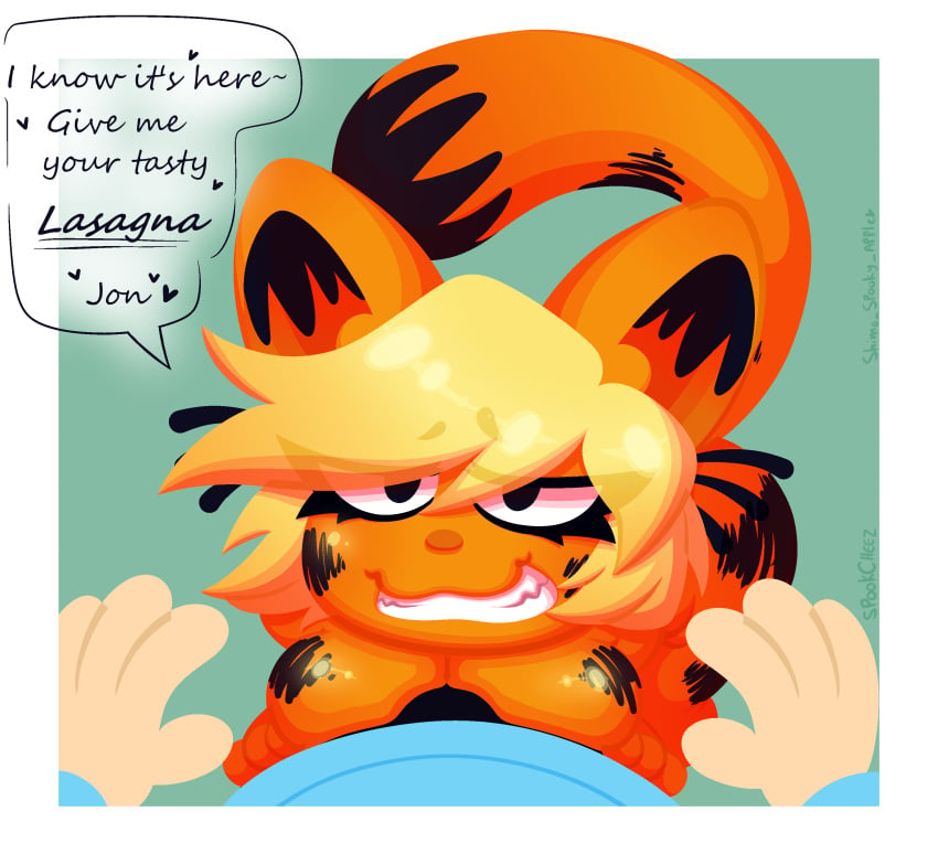 1boy 1girls black_fur black_stripes blonde_hair breast_press breasts bulge cat_girl dialogue dick_between_boobs female flirting furry garfield_(series) garfield_the_cat human_version jon_arbuckle looking_at_viewer male male_pov messy_hair orange_body orange_fur pov smile text two_tone_body two_tone_fur