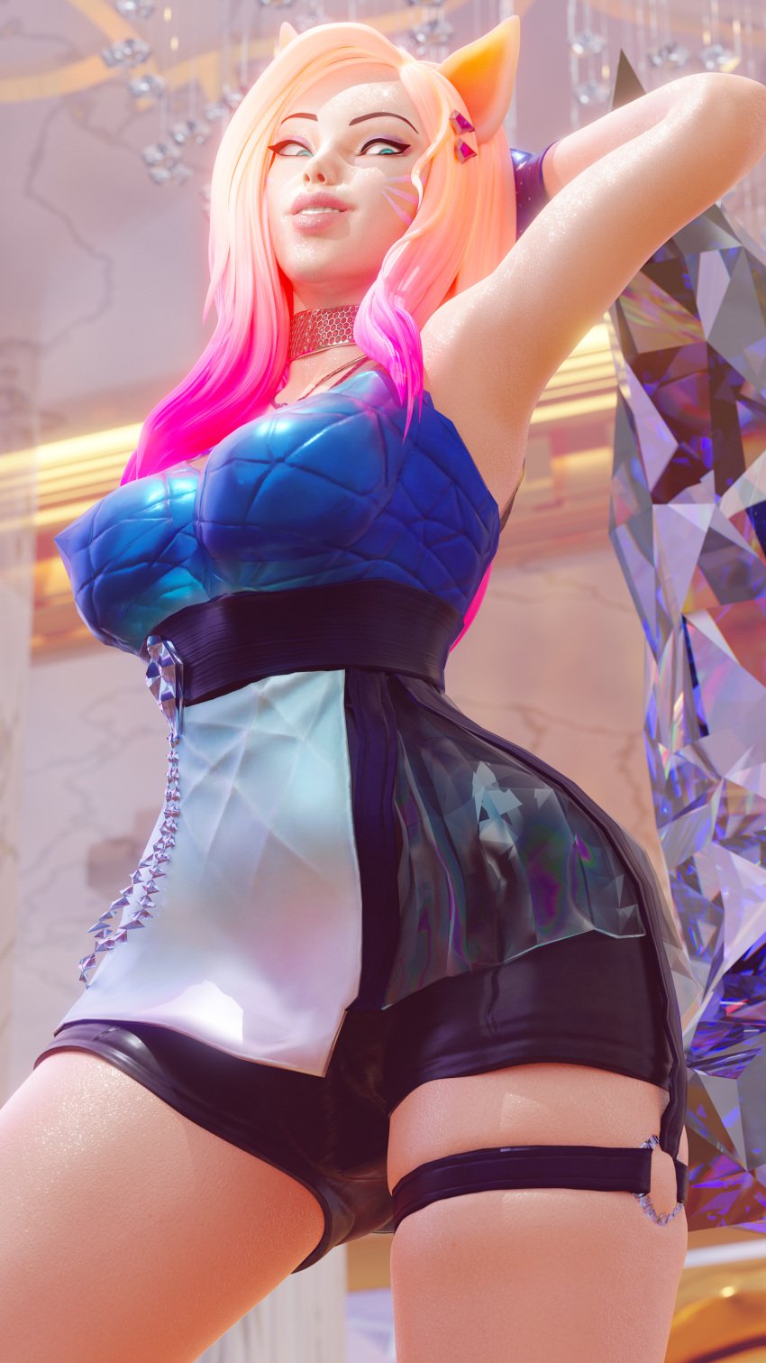 1girls 3d ahri blender blue_eyes child_bearing_hips dom3d female female_focus female_only fox_ears k/da_ahri k/da_all_out_ahri k/da_all_out_series k/da_series league_of_legends looking_at_viewer looking_down multicolored_hair pose posing riot_games smile smiling smiling_at_viewer smug solo solo_female solo_focus tagme thick_thighs thighs