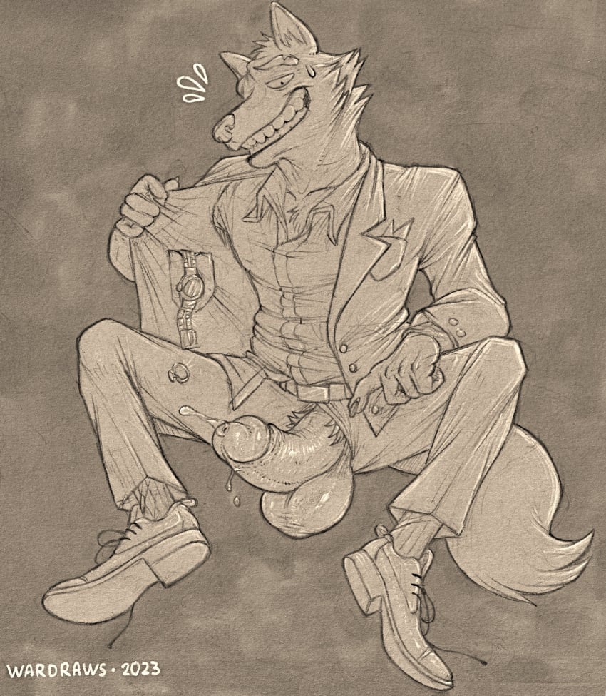 1boy absurd_res anthro bodily_fluids bottomwear canid canine canis chest_tuft clock clothing collared_shirt dreamworks dripping erection footwear genital_fluids genitals hi_res jacket leaking_precum male male_only mammal mr._wolf_(the_bad_guys) pants penis penis_out_of_underwear poking_out precum precum_drip pubes shoes solo sweat sweatdrop the_bad_guys topwear tuft wardraws watch wolf