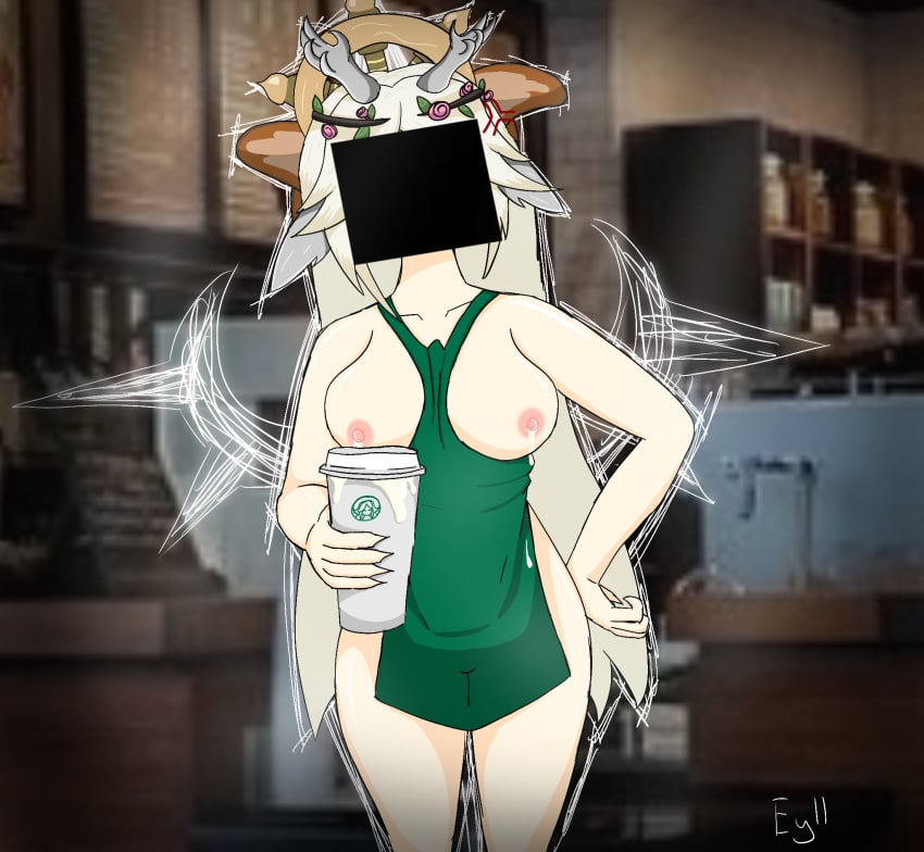 angry apron_only areolae barista big_breasts breasts_out calamity_mod censored_face employee employee_uniform eyllmao horns lactating leaking_milk nameless_deity nipples starbucks starbucks_meme terraria thighs white_skin wrath_of_the_gods