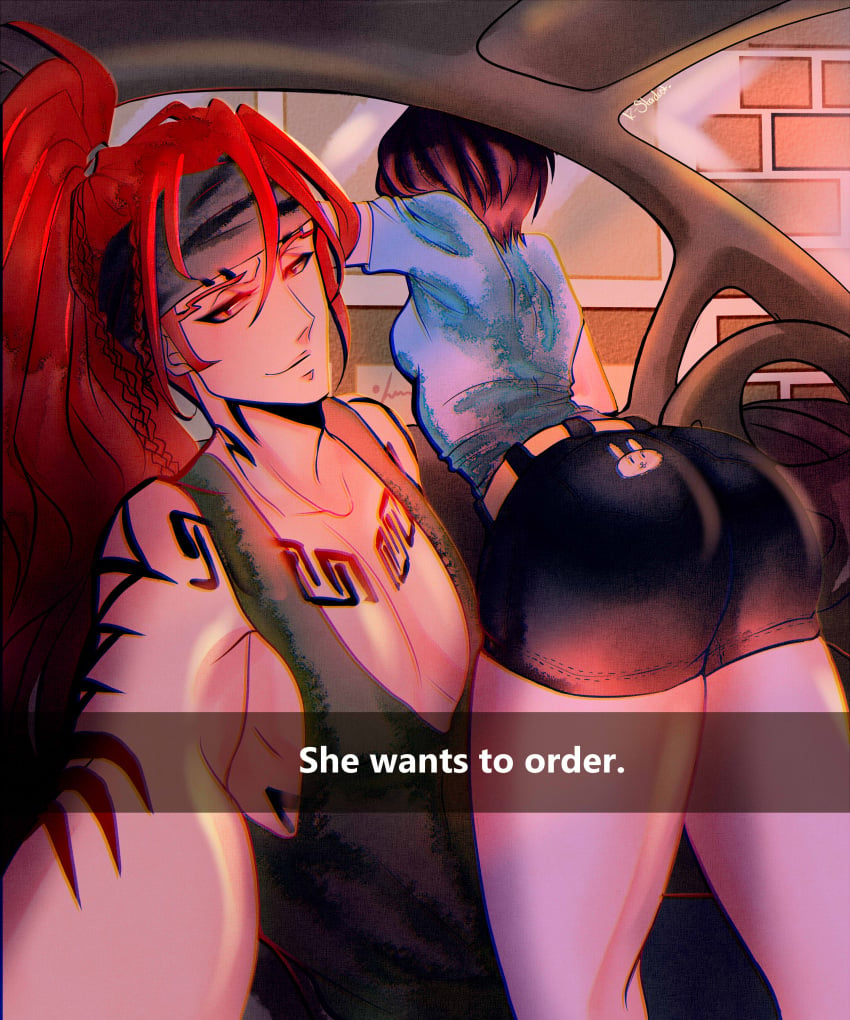 1boy 1girls ass ass_focus bent_forward bent_over bleach booty_shorts canon_couple dat_ass drive_thru english_text female he_wants_to_order in_car inside_car kuchiki_rukia long_hair long_hair_male male male/female meme ponytail red_hair renji_abarai selfie she_wants_to_order short_shorts shorts snapchat straight taking_picture tank_top tight_clothing