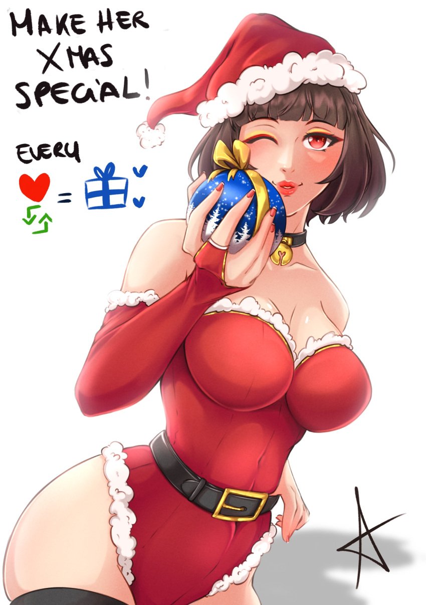 1girls atlus big_breasts breasts brown_hair christmas christmas_hat english_text female female_only hat large_breasts makoto_niijima megami_tensei one_eye_closed persona persona_5 red_draws red_eyes short_hair solo text thick_thighs