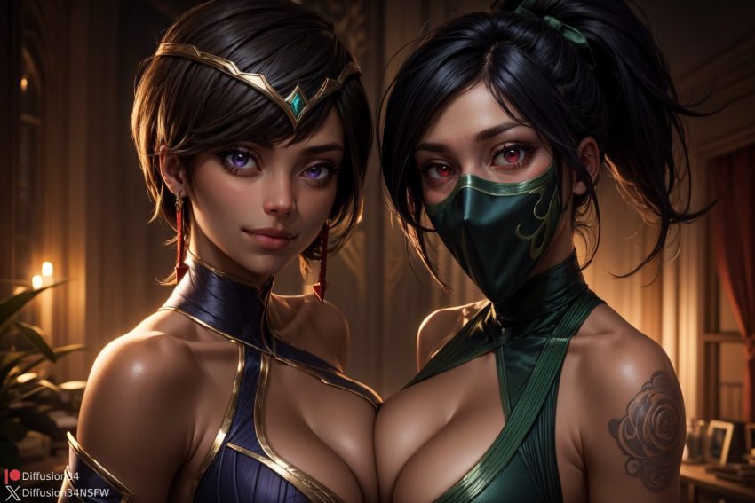 2girls ai_generated akali asymmetrical_docking big_breasts black_hair breast_press breast_squeeze breasts brown_hair cleavage close-up dark-skinned_female dark_skin diffusion34 duo duo_female duo_focus eyebrows eyelashes female female_focus gem hair hair_ornament hair_ribbon human jewel jewelry karma_(league_of_legends) large_breasts league_of_legends light-skinned_female light_skin lips looking_at_viewer mask masked masked_female mouth_mask outdoors outside ponytail red_eyes riot_games self_upload short_hair smile standing tiara upper_body yuri