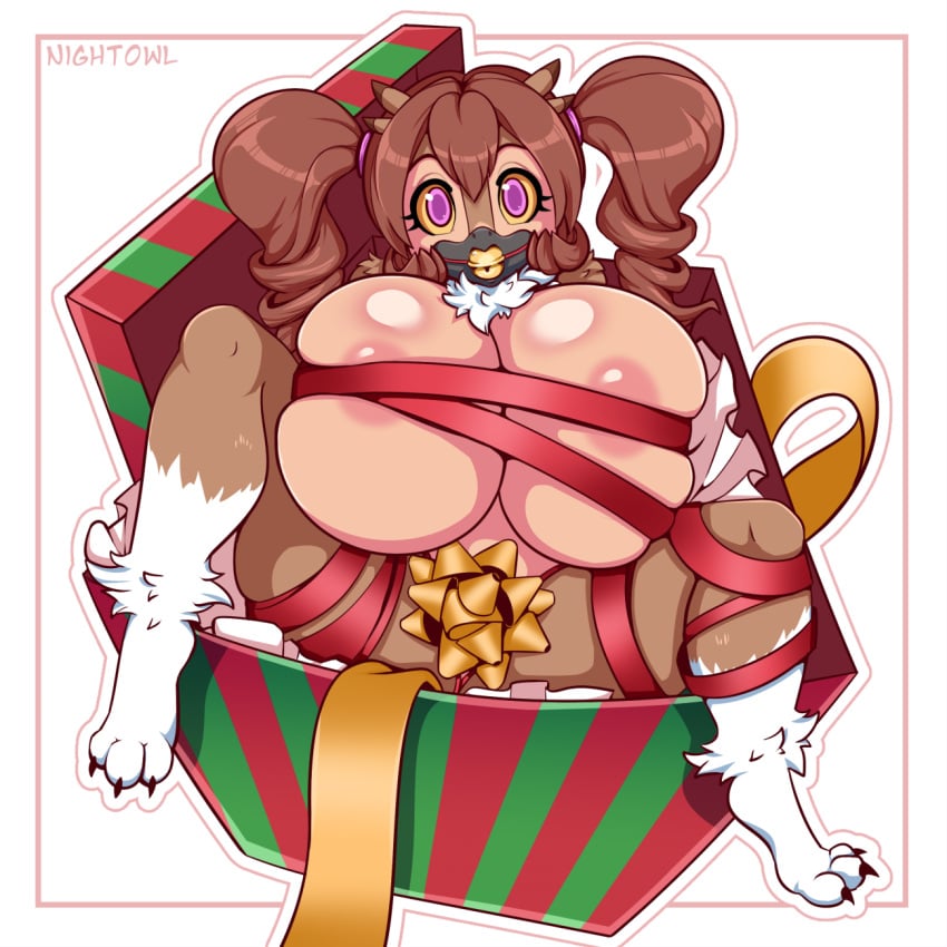 anthro avian ball_gag beak big_breasts bird breasts brown_hair christmas christmas_present female gag gift hair hands_behind_back hi_res holidays huge_breasts nightowlartx nude nude_female nyx_(nightowl) owl ribbons solo thick_thighs thighs twintails twitter