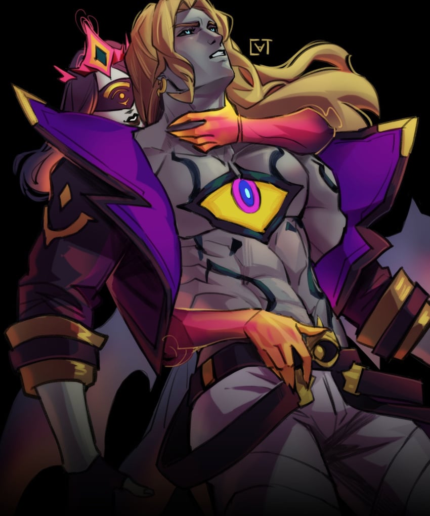 abs blonde_hair body_tattoo choking dominant domination female femdom ghost ghost_girl isolde_(league_of_legends) jacket king league_of_legends long_hair male male/female muscular muscular_male open_clothes open_jacket pecs pectorals shirtless shirtless_male soul_fighter_isolde soul_fighter_series soul_fighter_viego sundaycat3 tattoo tattoos viego_(league_of_legends)