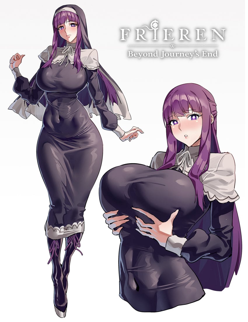 1girls big_breasts black_boots black_dress boots breasts celyn404 covered_navel cowboy_shot dress female fern_(sousou_no_frieren) highres large_breasts long_hair long_sleeves looking_at_viewer matching_hair/eyes nun purple_eyes purple_hair simple_background skin_tight sousou_no_frieren standing veil white_background