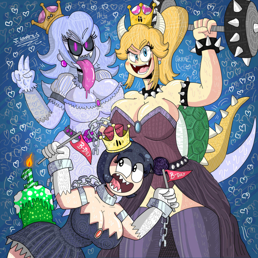 3girls boosette bowsette breasts cake chain_chomp chompette cleavage crown dumbbell fangs flag happy_birthday heart mario_(series) naughtyshyboy new_super_mario_bros._u_deluxe nintendo open_mouth pennant sharp_teeth shell sound_effects super_crown tail text tongue tongue_out