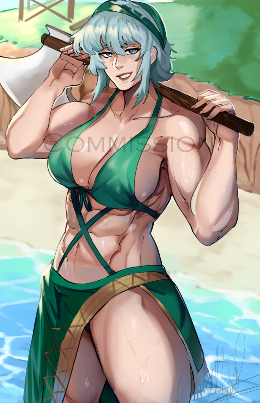 1girls abs alternate_costume artist_signature axe beach bikini blue_hair cleavage commission echidna_(fire_emblem) female female_only fire_emblem fire_emblem:_the_binding_blade green_bikini green_swimsuit muscular muscular_female nintendo outdoors puzzled_artist smile solo summer swimsuit thighs water watermark weapon weapon_over_shoulder wet