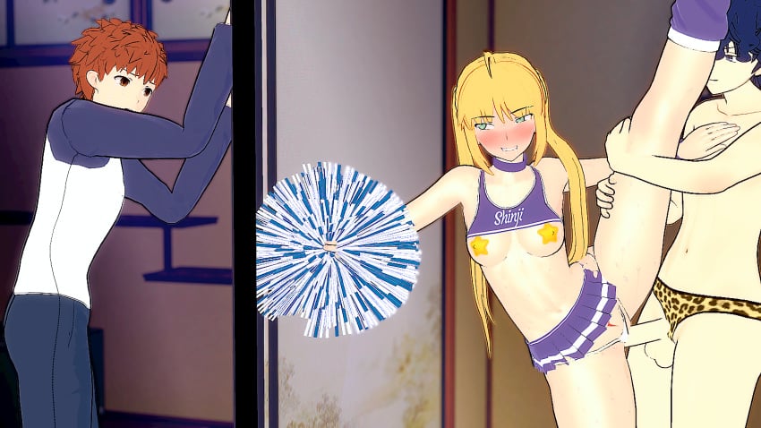 3d against_wall ahe_gao artoria_pendragon artoria_pendragon_(fate) blonde_hair cheerleader cheerleader_uniform crying cuckold emiya_shirou fate/stay_night fate_(series) green_eyes koikatsu looking_pleasured lordem matou_shinji netorare pasties pom_poms saber wall_(structure)