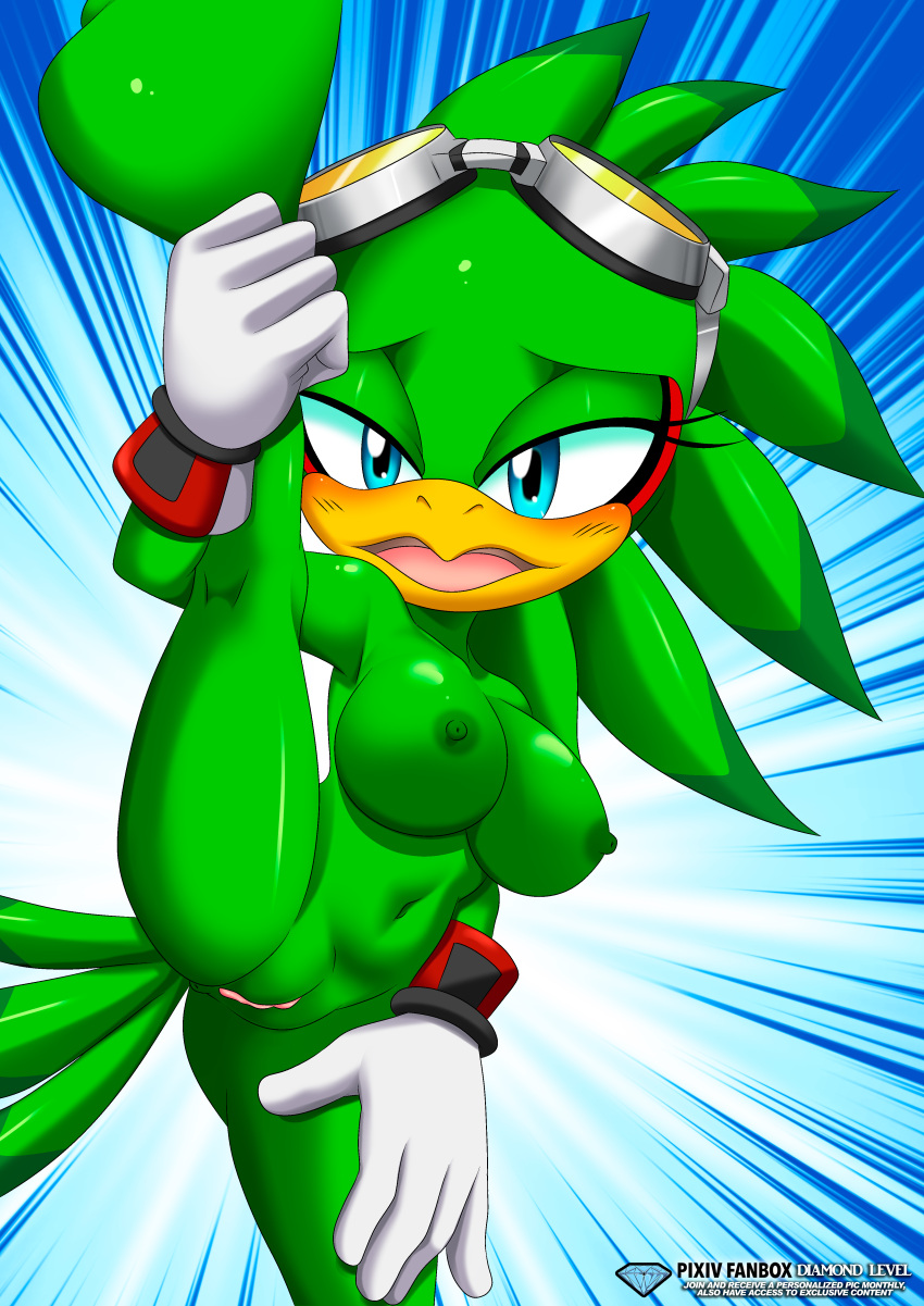 2021 absurd_res anthro avian bbmbbf beak bedroom_eyes big_breasts blue_eyes blushing breasts clitoris diamond_level erect_nipples female female_focus female_only gloves goggles goggles_on_head green_feathers hawk holding_leg_up hourglass_figure jet_the_hawk leg_up lifting_leg looking_at_viewer mobius_unleashed mtf_transformation nipples palcomix pietros_secret_club pussy rule_63 seductive seductive_eyes seductive_look sega solo solo_focus sonic_(series) sonic_riders sonic_the_hedgehog_(series) spread_legs vagina