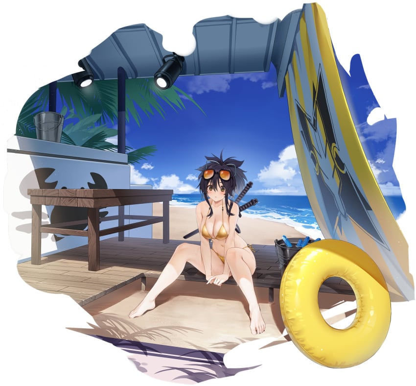 1girls 2023 asuka_(senran_kagura) azur_lane beach big_breasts bikini blue_sky blush breasts crossover dark_hair goggles_on_head golden_bikini hair_tie highres large_breasts marvelous official_art ponytail sand seaside senran_kagura sheathed_weapon solo sword wakizashi weapon