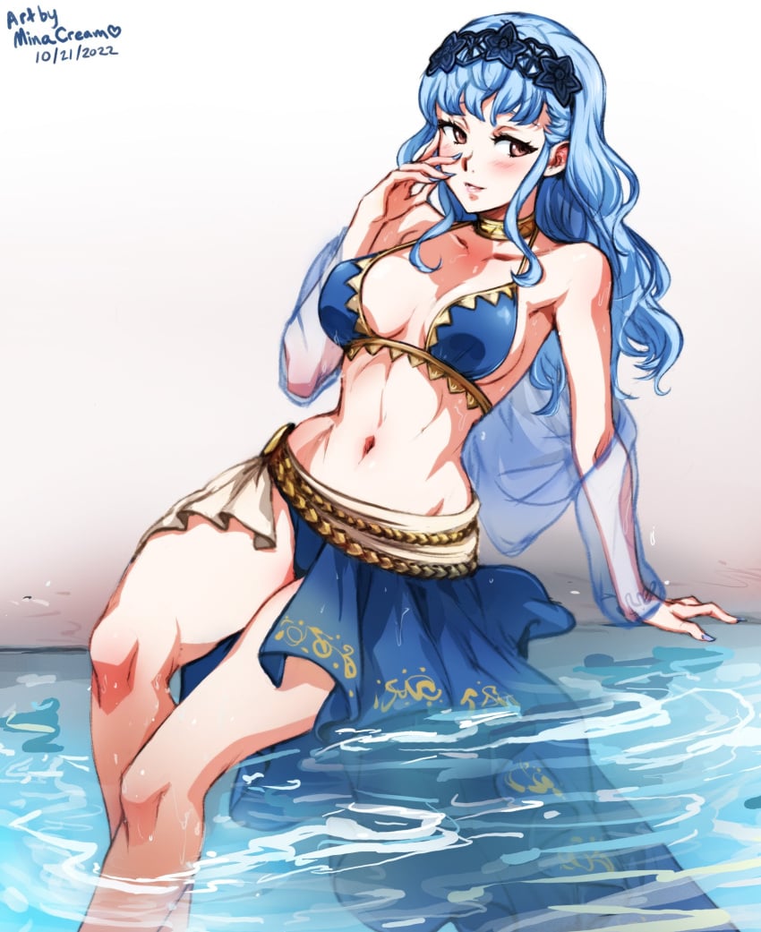 1girls adapted_costume alternate_costume alternate_hairstyle bare_shoulders bikini blue_bikini blue_hair blue_swimsuit blush braid breasts brown_eyes commission crown_braid female female_only fire_emblem fire_emblem:_three_houses fire_emblem_heroes fire_emblem_warriors:_three_hopes hair_down hand_on_own_cheek hand_on_own_face long_hair looking_at_viewer marianne_von_edmund marianne_von_edmund_(summer) medium_breasts minacream navel nintendo official_alternate_costume official_alternate_hairstyle open_mouth sarong see-through see-through_sleeves smile solo stomach swimsuit