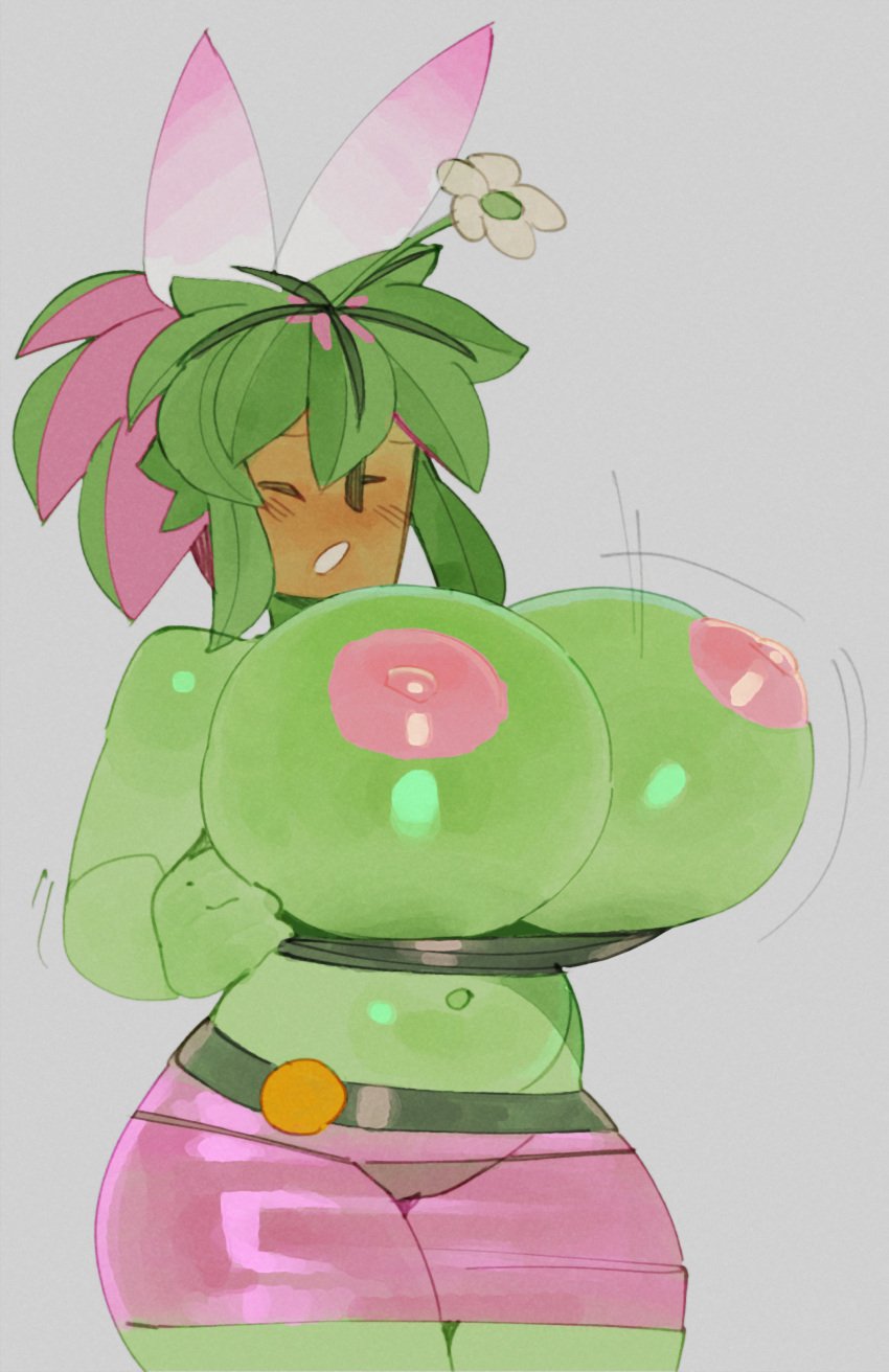 blaster_master breasts cameltoe female green_body green_skin huge_breasts kanna_(blaster_master) navel one_eye_closed panties plant_girl plant_humanoid see-through see-through_clothing wamudraws