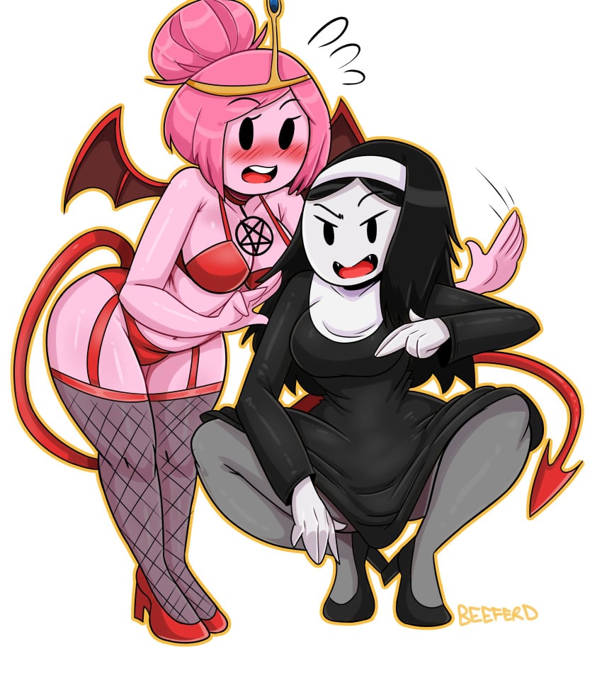 2girls adventure_time black_hair blush bmayneart demon_tail demon_wings fishnet_stockings marceline marceline_abadeer nun nun_outfit pink_body pink_hair pink_skin princess_bubblegum succubus succubus_costume succubus_tail thick_thighs