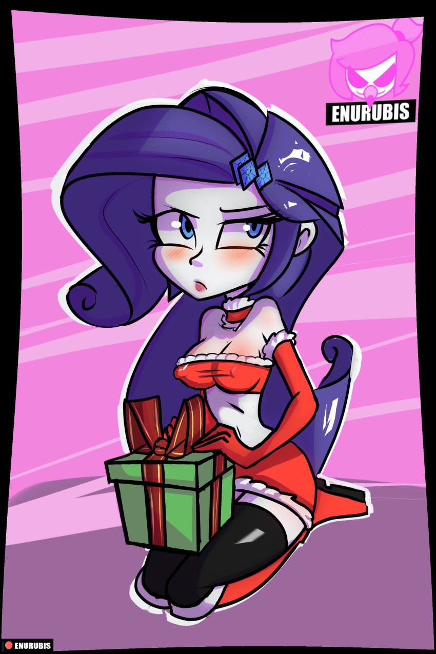 1girls 2017 artist_logo blush boots choker christmas commission digital_media_(artwork) equestria_girls female gift gift_box hair_ornament hasbro knee_boots latex latex_thighhighs medium_breasts my_little_pony purple_hair rarity_(eg) rarity_(mlp) santa_costume white_skin