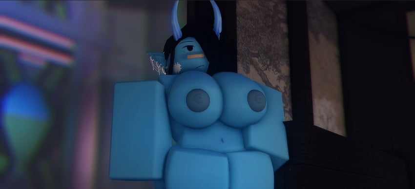 1girls 3d 3d_(artwork) areolae big_breasts black_hair blue_body breasts completely_nude completely_nude_female female female_only hair_over_one_eye looking_at_viewer naked naked_female nipples nude nude_female pinkishpinkas roblox robloxian solo solo_female