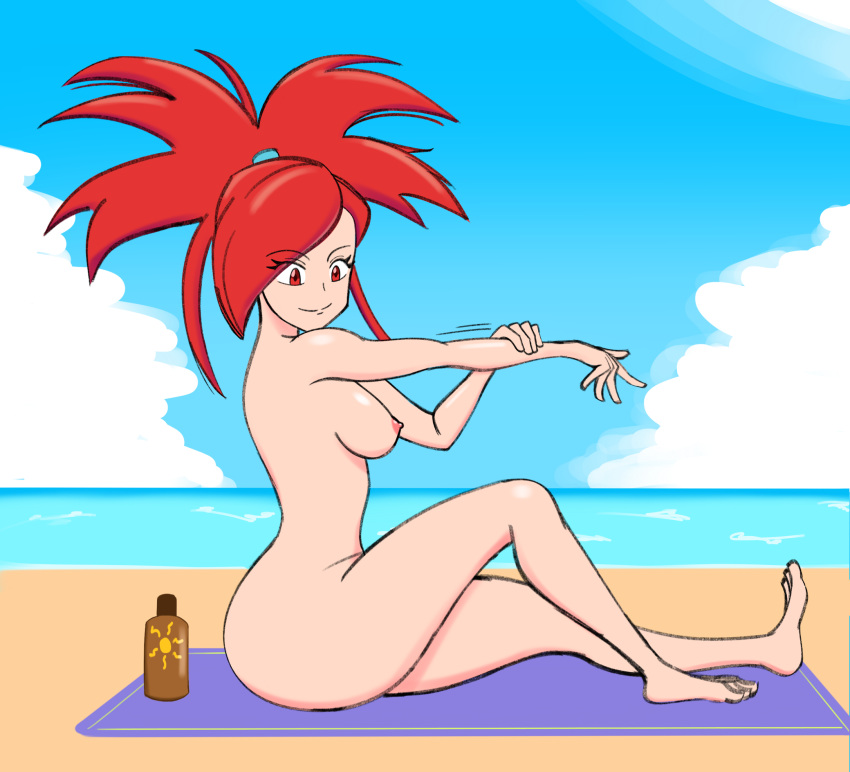 beach female_only flannery_(pokemon) naked nipples nude nude_beach nude_female pokemon pokemon_oras pokemon_rse red_eyes red_hair solo solo_female sun_lotion