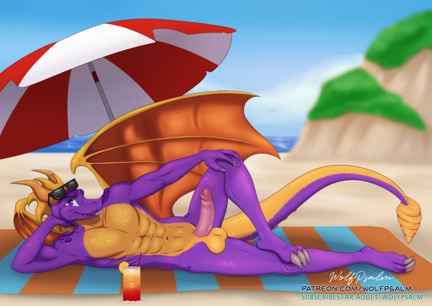 2021 abs activision aged_up alcohol anthro balls beach beach_towel beach_umbrella beverage dragon eyewear genitals humanoid_genitalia male male_focus male_only male_solo muscular muscular_anthro muscular_male orange_body penis pinup pose purple_body scales scalie seaside solo solo_male spyro spyro_reignited_trilogy spyro_the_dragon sunglasses towel video_games western_dragon wings wolfpsalm