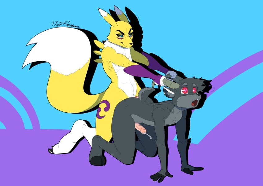 <3_eyes abstract_background absurd_res anthro anthro_on_anthro bandai_namco billy_brocas black_sclera bodily_fluids bovid caprine cum digimon digimon_(species) duo from_behind_position fur genital_fluids genitals heart hi_res horn horn_grab male male/male male_anthro male_renamon mammal open_mouth penis renamon rotten_owl sex yellow_body yellow_fur