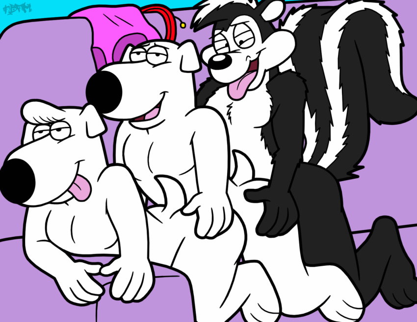 anal anal_sex anthro brian_griffin canid canine canis cousins domestic_dog family_guy furniture group group_sex incest jasper_(family_guy) looney_tunes male male/male mammal mephitid penetration pepé_le_pew sex skunk sofa tbfm threesome warner_brothers