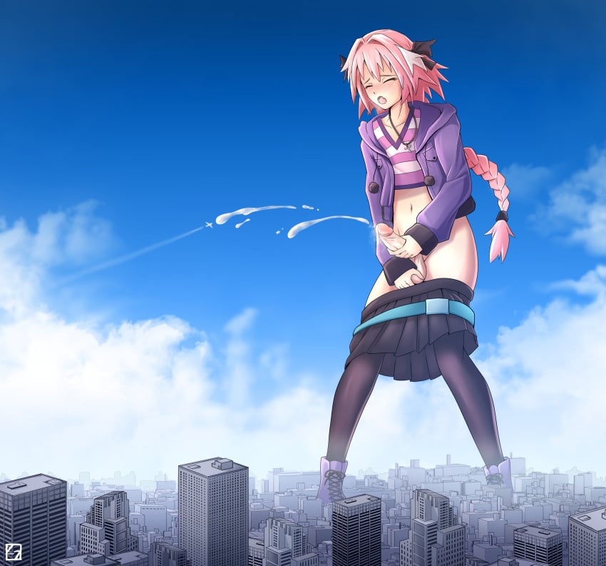 1boy astolfo_(fate) balls city cum cumming cumshot erect_penis erection fate_(series) femboy giant giant_femboy giant_male holding_balls light_skin macro male male_only masturbating masturbation penis pink_hair skirt_down solo solo_male testicles thunderafterdark trap