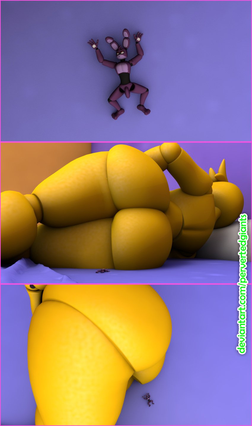 3d_(artwork) absurd_res anthro ass blender_(software) bonnie_(fnaf) border digital_media_(artwork) female five_nights_at_freddy's five_nights_at_freddy's_2 hi_res joints macro male male/female pervertedgiants pink_border shrinking size_transformation toy_chica_(fnaf) transformation video_games