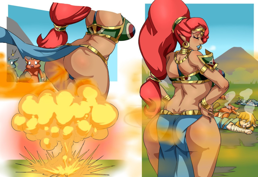 1boy 1girls big_ass big_butt breath_of_the_wild closed_eyes dark-skinned_female dark_skin excessive_fart fart fart_cloud fart_everywhere fart_explosion fart_fetish fart_torture farting female gerudo hyper_fart knocked_out lazei lingering_stench link nintendo red_hair stench the_legend_of_zelda urbosa