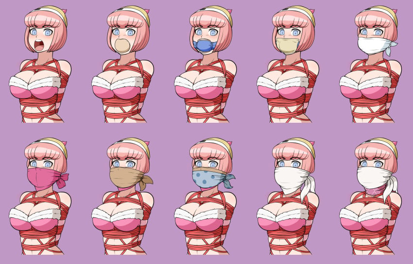 1girls ando_ruruka big_breasts blue_eyes blush bondage breasts brocken-dynamite danganronpa danganronpa_3 femsub gag gag_sequence gagged hat layered_gag looking_at_viewer mouth_gag solo straight_hair stuff_gag stuffed_mouth_gag tied_up