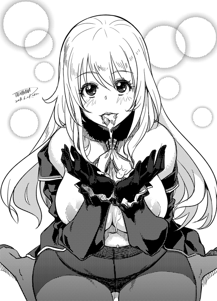 atago_(kantai_collection) blush breasts cum cum_in_mouth cum_on_tongue cum_string dated female gloves greyscale hands_up highres jacket kantai_collection large_breasts long_hair looking_at_viewer monochrome open_clothes open_jacket panties pantyhose signature sitting smile solo tachibana_roku tongue tongue_out topless underwear wariza