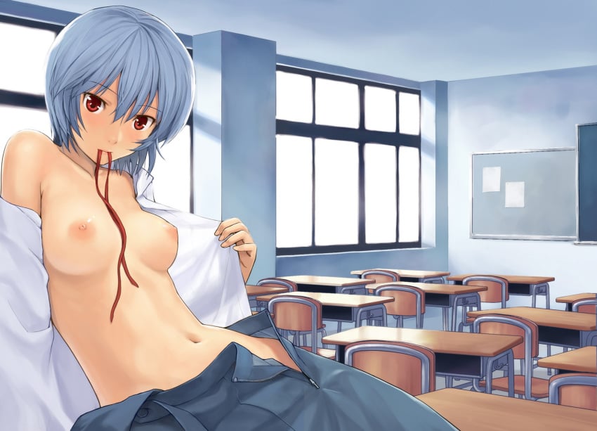 blue_hair blush classroom clothing desk homunculus_(artist) neon_genesis_evangelion nipples red_eyes rei_ayanami school_uniform skirt small_breasts