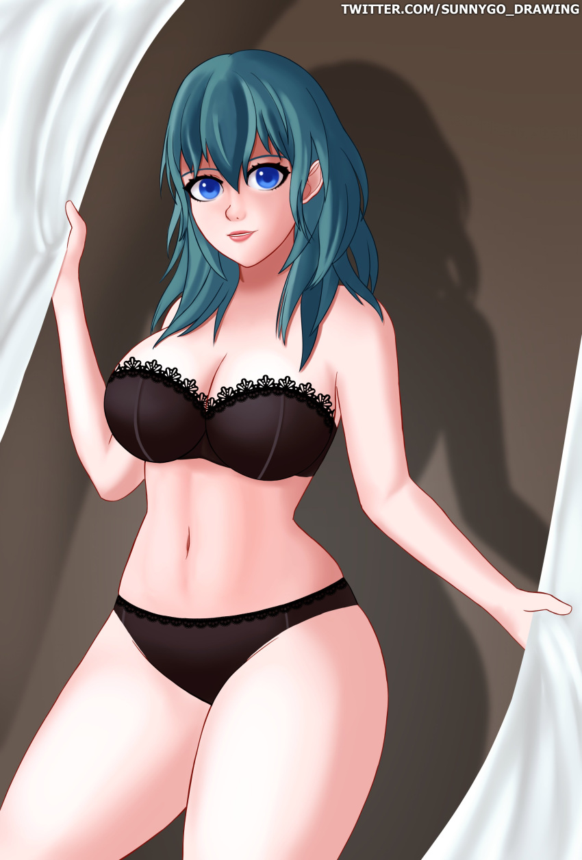 1girls alternate_costume black_panties blue_eyes blue_hair boudoir bra breasts byleth_(fire_emblem) byleth_(fire_emblem)_(female) cleavage female female_protagonist fire_emblem fire_emblem:_three_houses lips looking_at_viewer medium_hair nintendo panties solo sunnygo_drawing teal_hair underwear white_skin