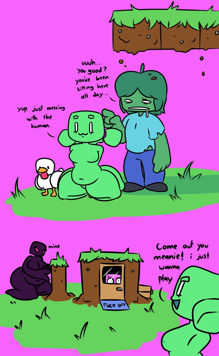 2021 4_legs chubby chubby_female comic creeper creeper_girl creepette enderman enderwoman green_body green_skin minecraft no_arms shortstack sleepyslut source_request zombie