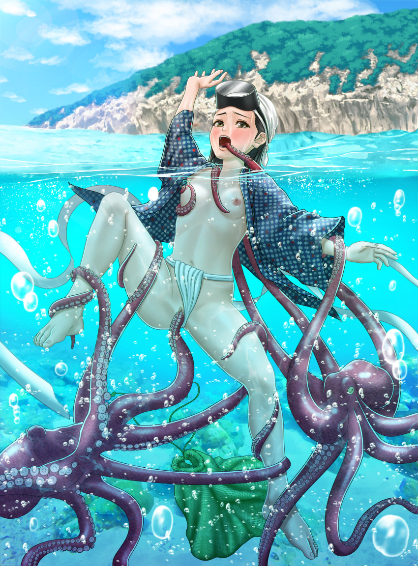 absurdres ama_diver bandana black_hair blush breasts brown_eyes bubble cloud commentary diving_mask diving_mask_on_head female fundoshi fundoshi_aside goggles goggles_on_head haori happi highres japanese_clothes kisugizumi knee_up medium_hair ocean octopus open_happi original partially_submerged partially_underwater_shot raised_eyebrows sack shore sky small_breasts spread_legs stealth_sex swimming tentacle tentacle_sex uncensored underwater vaginal_penetration white_bandana worried