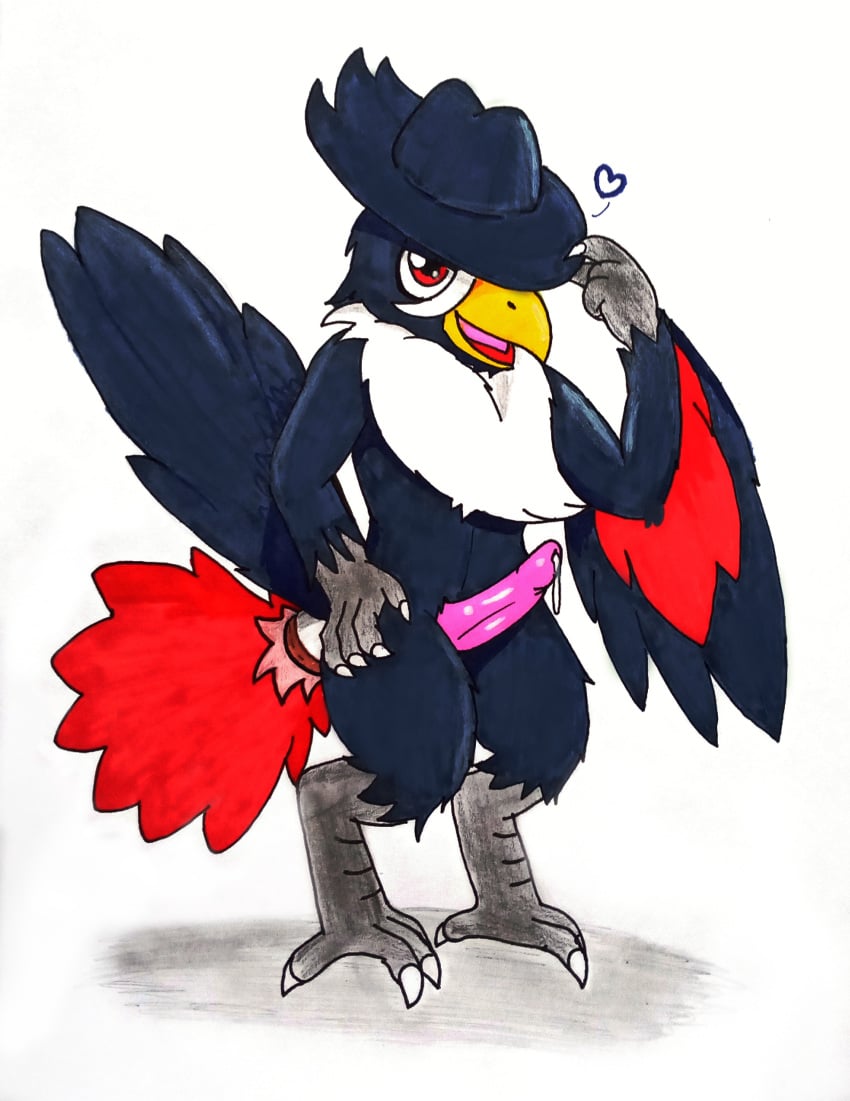 absurd_res anthro avian bird black_body bodily_fluids clothing corvid dripping erection feather_tuft feathers genital_fluids genitals glury_the_unown hat headgear headwear hi_res honchkrow internal_balls male male_focus male_only male_solo multicolored_body multicolored_feathers nintendo nude oscine passerine penis pink_penis pokémon_(species) pokémorph pokemon precum precum_drip solo solo_male tuft victor_(honchkrow) video_games white_background wings