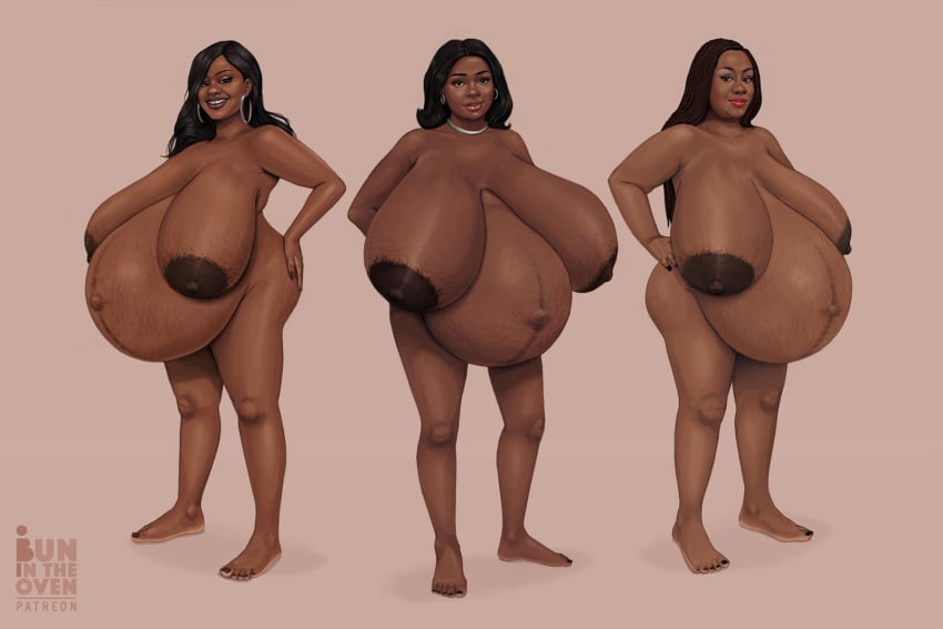 3girls areolae belly big_belly black_hair breasts brown_hair bunintheoven dark-skinned_female dark_skin earrings female_only huge_belly huge_breasts large_areolae large_belly large_breasts massive_breasts nipples nude pregnant stretch_marks trio